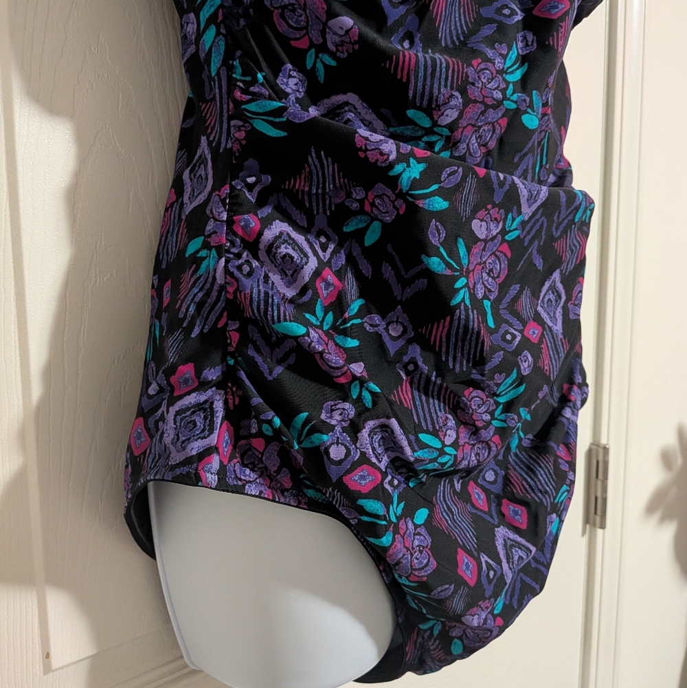 NWOT ShapeMe Ruched Bathing Suit Coldwater Creek Women's Size 12 Black Purple - Picture 4 of 11